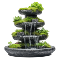 serene garden fountain featuring moss covered tiers and flowing water, creating tranquil atmosphere perfect for relaxation and nature appreciation png