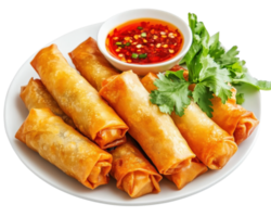 A plate of spring rolls with sauce and garnish png