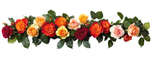 A bouquet of flowers with a variety of colors including red, yellow, and pink. The flowers are arranged in a line, creating a sense of unity and harmony. Scene is cheerful and uplifting png