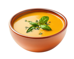 A bowl of soup with a sprig of basil png