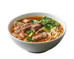 A bowl of beef and noodles with spinach png
