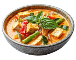A bowl of curry with tofu and vegetables png
