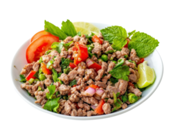 A bowl of meat and vegetables with a lime wedge png