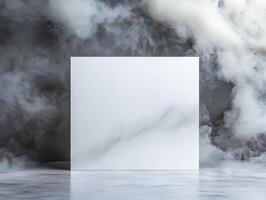 A minimalist scene featuring a white square panel amidst swirling smoke. photo