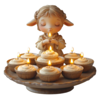 cute cartoon sheep character blowing out candles on cake surrounded by cupcakes, creating joyful and festive atmosphere png