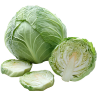 Fresh whole and sliced cabbage showcasing its layered texture and vibrant green color, perfect for salads and cooking png