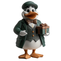charming 3D cartoon duck in bowtie, wearing stylish outfit and holding gift box, radiates joy and celebration. This delightful character is perfect for festive themes png