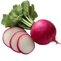 Fresh red radish with crisp white flesh, whole and sliced, showcasing vibrant colors and healthy greens. Perfect for salads and garnishes png