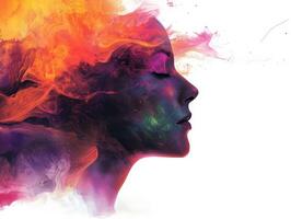 A vibrant silhouette of a woman's profile surrounded by colorful, swirling abstract patterns. photo