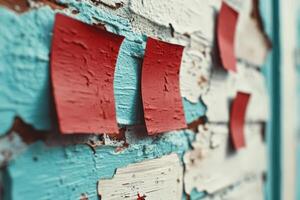 Colorful sticky notes on a textured blue and white wall, suggesting brainstorming or reminders. photo