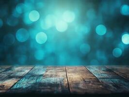 A wooden table in the foreground with a soft-focus blue bokeh background. photo