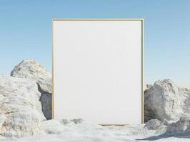 A blank frame set against rocky terrain and a clear sky, ideal for showcasing art or messages. photo
