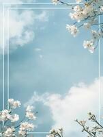 A serene sky framed by delicate white flowers, creating a tranquil and refreshing atmosphere. photo