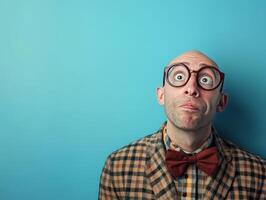 A man with glasses and a bow tie poses playfully against a blue background. photo