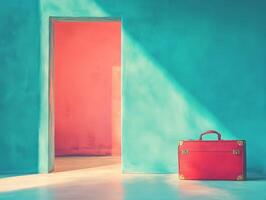 A vibrant scene featuring a red suitcase beside an open door in a colorful room. photo