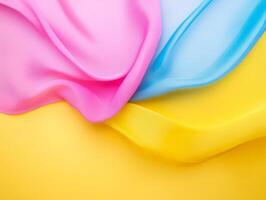A vibrant arrangement of pink, blue, and yellow fabric drapes on a soft background. photo
