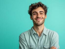 A smiling young man with curly hair poses against a teal background. photo