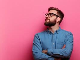 A man with glasses poses thoughtfully against a pink background. photo