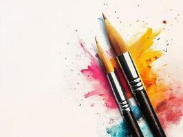 Two paintbrushes on a colorful splash background, symbolizing creativity and art. photo