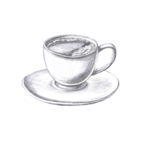 Coffee cup with saucer. Pencil isolated illustration for cafe design, menu design and cookbooks. png