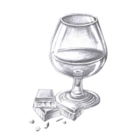 Glass of cognac with chocolate pieces. Isolated pencil illustration on the theme of alcoholic drinks for menu design, cookbook, gastronomic magazines and festivals. png