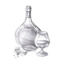 Bottle of cognac, glass and chocolate in pencil. Isolated illustration on the theme of alcoholic drinks for menu design, cookbook, gastronomic magazines and festivals. png