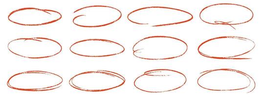 Red crayon ovals and circles set. Hand draw ellipses in red pencil doodle style for diagrams. Round marker freehand shapes, emphasis highlights rough thin frames. illustration. vector
