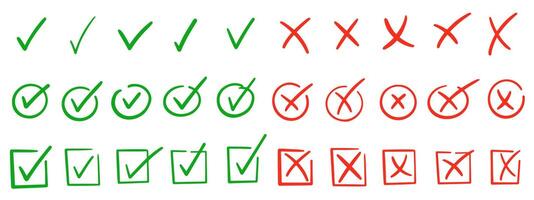 Check marks doodle set. Vote, yes, no, checkbox, checklist, tick and cross signs, v and x drawn concept. Hand drawn doodle sketch style illustration. vector