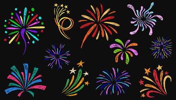 Doodle crayon fireworks. Set of colorful pencil drawn lightning, explosion, sun rays, swirls, firecrackers, sparkles, motion effects. Bursting rays line icon. illustration in kid's style vector