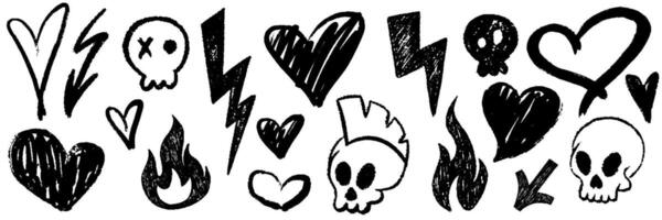Doodle grunge punk and rock icon set. Hand drawn crayon lightnings, sculls, arrows, hearts, and flame. Crayon hand drawn graffiti groovy punk print kit, emo gothic. Pencil and charcoal scribbles vector