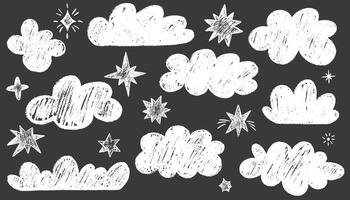 Crayon drawn clouds and cute stars in kid's style. Pencil or charcoal drawings childish icons isolated. Hand drawn various cloud and stars shapes. Doodle symbols vector