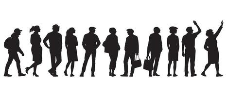 Silhouette of diverse people standing, walking, and interacting in various poses, ideal for crowd, community, and social concepts in design projects vector