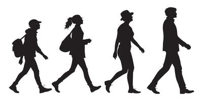 Silhouette of four people walking in different styles, perfect for concepts of movement, travel, city life, and human activity in urban environments vector