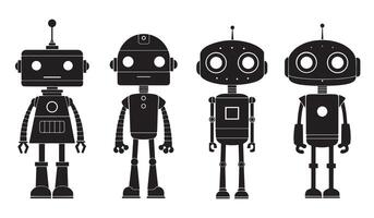 Set of Four minimalist robot silhouettes in black on white background vector