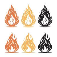 Set of fire flame icons in different colors, burning fire symbols for heat, warning, flammable materials, hazard, safety signs, abstract fire elements for logo, branding and graphic design vector