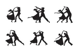Silhouette of ballroom dancing couples in various poses, romantic dancers performing tango, waltz and salsa, elegant dance illustration for event, party or studio vector