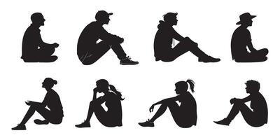Silhouette of eight people sitting in various relaxed and thoughtful poses, ideal for concepts of rest, contemplation, leisure, and social interaction in everyday life vector