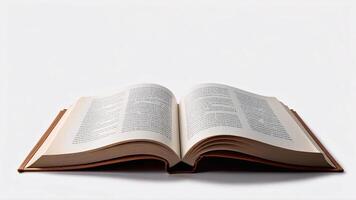 Open book with cream-colored pages on white background. photo