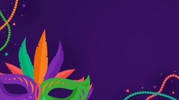 Purple horizontal Mardi Gras copy space background with mask, feather, and bead vector