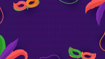 Purple Mardi Gras carnival template with some empty space, mask, feather, and bead on purple background vector