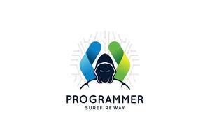 Coding and hacker programming logo design in mysterious jacket vector