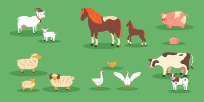 Collection of farm animals in flat style on a green background vector