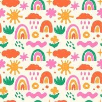Seamless pattern of bright hand drawn children's drawings with rainbows, clouds, colours vector
