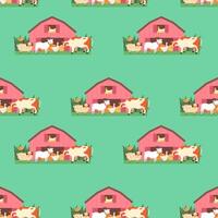 Animals on a farm with a barn. Farming seamless pattern vector