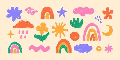 Set of bright hand-drawn children's drawings with rainbows, clouds, colours vector