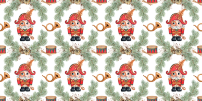 Nutcracker, drum, bugle, fir branches, grass, pine cones, in a watercolor illustration in steampunk style, hand drawn. Christmas, New Year seamless pattern isolated from background. png