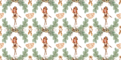 Girl ballerina in the fairy tale Nutcracker and fir branches, pine cones, grass, pointe shoes and gears watercolor illustration. Dancer in steampunk style. Seamless pattern isolated on blue background png