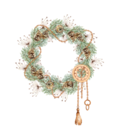 Fir branches, pine cones, grass, chains, gears Christmas and New Year wreath watercolor illustration. Round frame, border with winter plants isolated from background. Pine, fir, juniper, evergreen. png