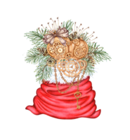 Red Santa Claus bag with Fir branches, grass, balls, chains and gears, steampunk, watercolor illustration. Christmas, New Year isolated from background. Image for holiday design, greeting cards, png