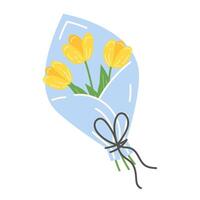 Bouquet of three yellow spring tulips in a blue wrapping for Women's Day vector